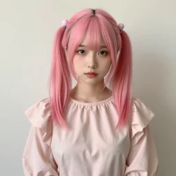 Realistic portrait photo of a girl with pink shoulder-length hair, tied into several pigtails with spherical hair clips, wears a wide-necked cap-sleeved blouse