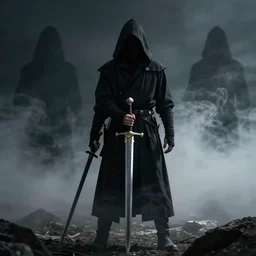 a cloaked man holding a sword, shadows, smoke, mist