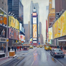 an edward hopper style painting of new york times square, winter