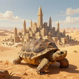 Large Fantasy City perched atop a Giant tortoise stomping through the hot sunny desert, High detail, Dungeons and Dragons, Cityscape, 4k