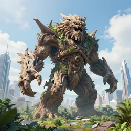 a gigantic drift wood monster looming over a bright and lush futuristic city, video footage