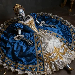 Elegant laydy in blue robotic victorian dress with gold ornaments. By Konstantin Razumov, highly detailded