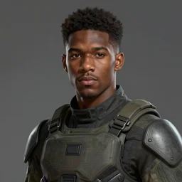 Portrait of a man by Greg Rutkowski, he is about 20 years old, black, attractive, military composure, short black curly hair, american, trustworthy look, he is wearing futuristic military fatigues, highly detailed portrait, digital painting, artstation, concept art, smooth, sharp foccus ilustration, Artstation HQ.