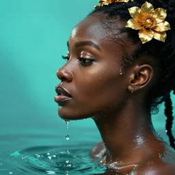 hyperrealistic precisionist cinematic profile very expressive! black oshun goddess, in water! up to shoulders, mirror dripping droplet!, gold flowers, highly detailed face, digital art masterpiece, smooth eric zener cam de leon, dramatic pearlescent turquoise light on one side, ground level uhd 8 k, tilt shift
