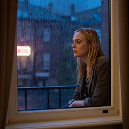 Elle Fanning looking out the window of her hotel room, rainy night, neon lighting, socialist realism style