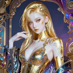 the portrait of an absurdly beautiful, graceful, elegant, sophisticated, fashionable cyberpunk gravure idol, an ultrafine hyperdetailed illustration by kim jung gi, irakli nadar, hong june hyung, intricate linework, bright colors, porcelain skin, gold plated, fashion photography, unreal engine 5 highly rendered, global illumination, iridescent, radiant light, detailed and intricate environment