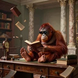 long shot, whole room view, orangutan with sunglasses sitting on antique desk, holding opened book using his feet, books flying from small bookshelves, grandfather clock, tall marble columns in the background, epic, master, dramatic, detailed, concept art, illustration, by josh kirby, dynamic lighting, octane render, 4 k