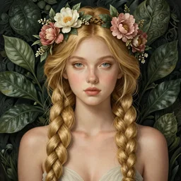 portrait girl long blond braided hair wearing a floral crown, olive skin, long blond hair, dark green leaves background, intricate, elegant, highly detailed, digital painting, artstation, concept art, smooth, sharp focus, illustration, bouguereau, rutkowski, mucha