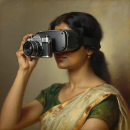 detailed potrait 8 0 s srilankan girl blindfolded with vintage camara as high tec vr headset, girl graceful,, painting by gaston bussiere, craig mullins, j. c. leyendecker, lights, art by ernst haeckel, john william godward, hammershøi,,