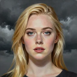 professional painting of Elle Fanning in the style of Dave Gibbons, head and shoulders portrait, symmetrical facial features, smooth, sharp focus, illustration, intricate, stormy weather, extremely detailed masterpiece,