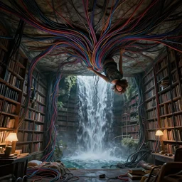 rgb wires, a woman crawling on the ceiling, library, waterfall, cinematic, movie scene, inspired by zdzislaw beksinski, veins,, cables everywhere, bedroom, ultra realistic, concept art, intricate details, highly detailed, photorealistic, octane render, 8 k