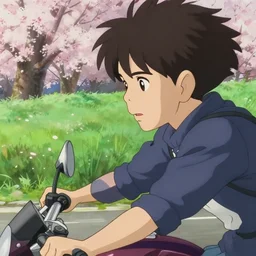 cinematic close up of a person riding a motorcycle on a road near a sakura forest, delicate features finely detailed perfect art, green field, gapmoe yandere grimdark, trending on pixiv fanbox, painted by greg rutkowski makoto shinkai takashi takeuchi studio ghibli
