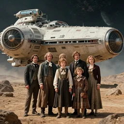 highly detailed, 268435456k film, 4900mm film still from a sci fi blockbuster color movie made in 2019, set in 1860, of a family standing in front of a spaceship that has just landed on an alien planet, the family are all wearing 1860s era clothes, good lighting, good photography, ultra high definition