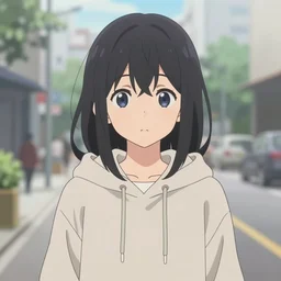 black haired girl wearing hoodie, city, anime screenshot, dogakobo
