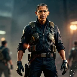 barrack obama in gears of war battlefield 5, splash art, movie still, cinematic lighting, dramatic, octane render, long lens, shallow depth of field, bokeh, anamorphic lens flare, 8 k, hyper detailed, 3 5 mm film grain