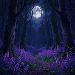A beautiful dark spooky woods in the moonlight, purple shades of flowers, by Alena Aenami, thomas kinkade, 8K resolution, colorful, holographic, matte painting, ultra detailed, trending on Artstation