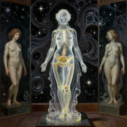 The mirror room without doors and windows with beautiful full-body wax sculpture of a glowing transparent woman with visible golden bones inside it in the singularity where stars becoming baroque folds of dark matter by Michelangelo da Caravaggio, Nicola Samori, William Blake, Alex Grey and Beksinski, dramatic volumetric lighting, highly detailed oil painting, 8k, masterpiece