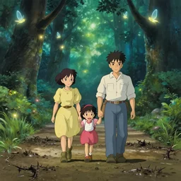 on the road, muddy swamps and thorns, dad and mom took their daughter's hand and walked with difficulty, but with a determined expression on their faces. in the distance is the enchanted forest, there is a gentle light in the darkness and the glowing wings of the pixies flashing in the forest. the whole forest radiated a sacred light, studio ghibli style