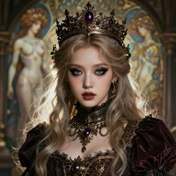 beautiful and luxury and victorian and gothic and dieselpunk young medieval dark crown princess portrait like blackpink lisa + smoky eyes + front face with light flowing hair, ultradetail face, art and illustration by tian zi and craig mullins and wlop and alphonse mucha, fantasy, intricate complexity, human structure, human anatomy, fantasy character concept, watermark, blurry, hyperrealism 8 k