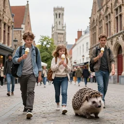 hedgehog tourists walking through bruges while eating icecreams, realistic photograph