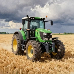 “Water color painting of a green tractor on a wheat field”