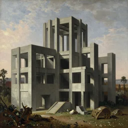classical landscape paintings of brutalist concrete structures, masterpiece, insanely detailed and intricate, by eugene von guerard, asher brown durand and andreas achenbach