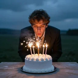 margiela campaign featuring artist ben schumacher blowing out all the candles on the birthday cake, sparklers, realistic vfx simulation