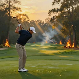 close-up of an athletic golf player on a stunning landscape lush golf course, magical lights, golden hour, surrounded by burning forests, smoke from the fire, digital painting, 4k, forest ray light, particles light, by sasha kalinkin, Noah Bradley, ilya kuvshinov