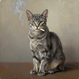 a grey manx cat smoking a cigarette, photorealistic oil painting