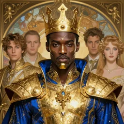 portrait of a handsome cyberpunk african king wearing a golden blue armor, beautiful symmetrical face, golden, fantasy, regal, by stanley artgerm lau, greg rutkowski, thomas kindkade, alphonse mucha, loish, norman rockwell.
