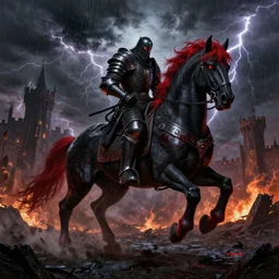 a menacing warrior in full plate of black armor, splattered with blood, riding a large black warhorse, nightmare with red glowing eyes and red glowing mane and tail, blackened clouds cover sky crackling with lightning and rain in the distance, a castle in distance in flames and ruins, the ground is dark and cracked, d & d, fantasy, highly detailed, digital art, illustration, deviant art, very detailed