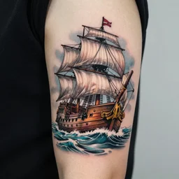 a pirate ship sailing in the sea, realism tattoo design, amazing shades, clean white paper background, by Matteo Pasqualin tattoo artist