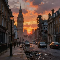 decrepit regent street in the foreground, a post apocalyptic london cityscape after a nuclear war, beautiful radioactive sunset lighting, beautiful painting, fallout, paint