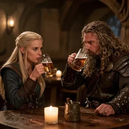 An Elven woman and a Dwarf male drinking together in a tavern, warm lighting