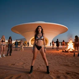 portrait of beautiful raver, photorealistic, octane render, dancefloor kismet, diverse costumes, clean composition, desert transition area, bonfire, night, australian desert, zaha hadid, xf iq 4, symmetry, sony a 7 r, 1 5 0 mp, 5 0 mm, f 1. 4, iso 2 0 0, 1 / 1 6 0 s, golden ratio, rule of thirds