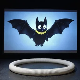 black and white rubber hose Disney cartoon on the big screen about a bat who can't fly