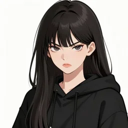 portrait of a beautiful korean girl with very long hair and bangs, angular features, angry expression, wearing a black hoodie, in the style of A-1 studio, extremely clean lines, anime and manga style, anime concept art
