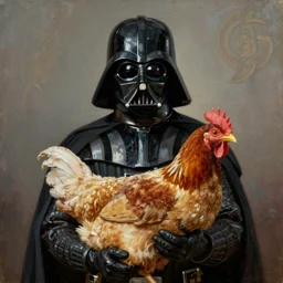 Darth Vader holding a chicken, oil painting from the 1980s