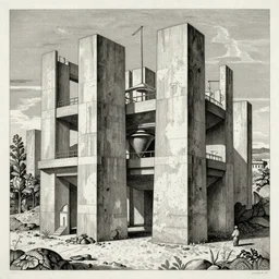 brutalist concrete structures, relativity, lithograph, manga, etching, insanely detailed and intricate, super detailed by giovanni battista piranesi, m. c. escher, gustave dore