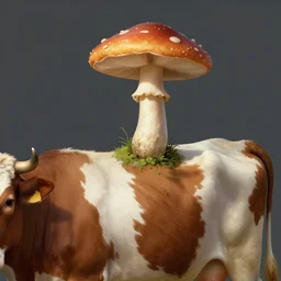 long shot photo of a mushroom sprouting from a cow's back, highly detailed, digital painting, artstation, smooth, sharp focus, illustration, art by artgerm and greg rutkowski and alphonse mucha