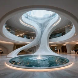 extremely detailed stunning futuristic curvilinear museum interior with water centered sculpture piece and led strips