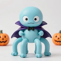 four legged kraken doll, wearing a vampire cape, while trick or treating on halloween night, by the sanrio company, kawaii, real, photography, halloween decorations, seaside cafe, boardwalk, people, pink, yellow, black, ground level shot, macro camera, focused, night, colorful led lights, chromatic aberration, vampire