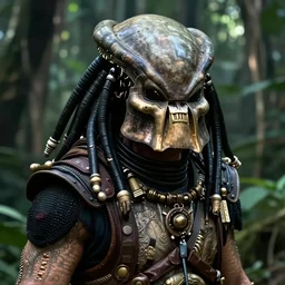 cllose up arnold schwarzenegger in predator costume , close up detailed movie still from the predator in the jungle