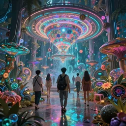 psychedelic trip with humans the future, 8k, ultra realistic