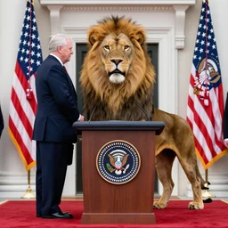 photo of the usa presidential inauguration, a lion fursuiter being inaugurated as president