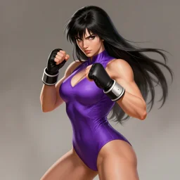 Tekken 4 fighter anime Stunning Portrait Cameron Diaz with purple leotard, long black hair wearing fighting cuffs in a fighting stance, digital painting, artstation, concept art, soft light, hdri, smooth, sharp focus, illustration, art by tian zi, craig mullins, Mark Arian, WLOP, alphonse mucha