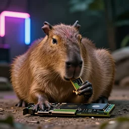 a beautiful photo of a capybara chews on a nvidia gpu, eats an rtx 1 0 8 0 graphic card, wildlife photography, kodak gold 2 0 0, depth of field, f / 2 2, neon lamp, volumetric lighting, award - winning photo
