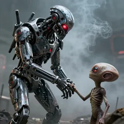 post - apocalyptic, a very strong terminator robot with red enerygies, is shaking hands with a small alien creature that has multiple eyes. smoke. volumetric lighting, sharp focus, ultra detailed, cgsociety