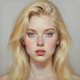 a symmetrical portrait of a fiery blonde woman with strong features, oil painting, pale colors, high detail, 8 k, wide angle, trending on artstation,