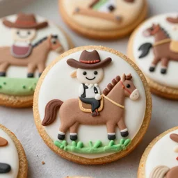 Cute cookies with cowboys and horses for the decorations high definition of close up macro shot award winning magazine photo